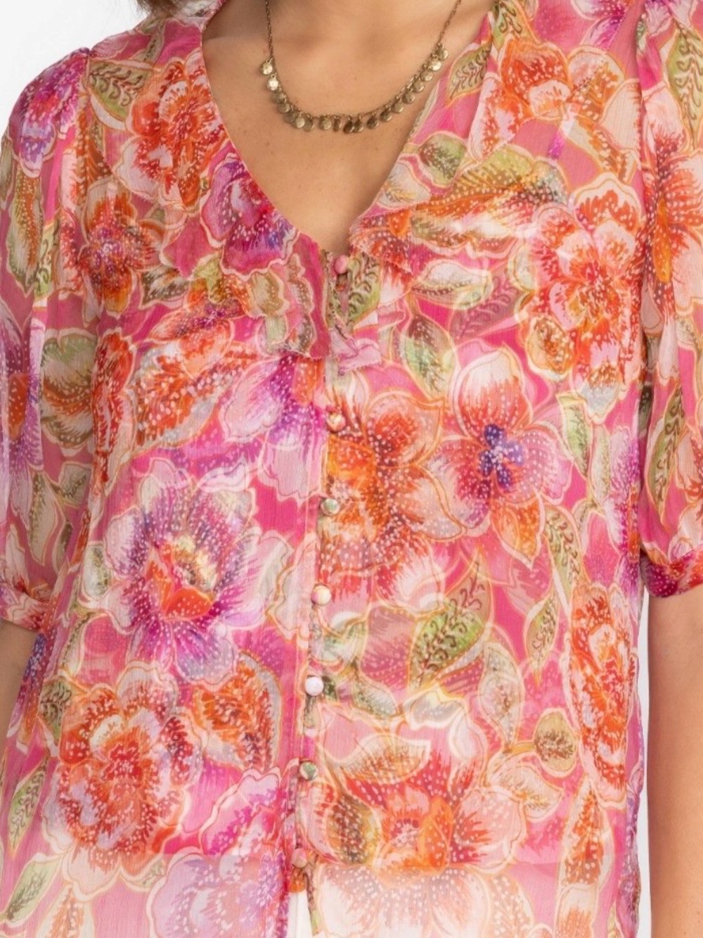 Johnny Was Pink & Orange Floral Button-Front Blouse